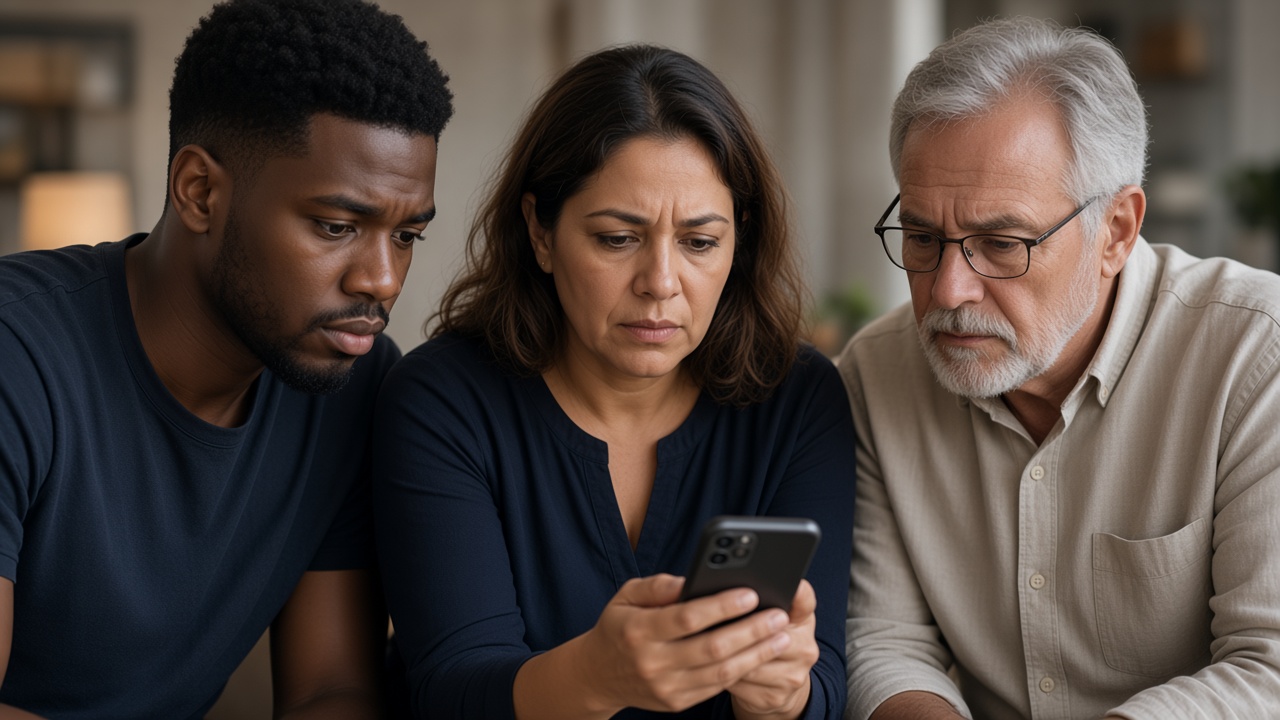 Three people of different ages checking their phones with concern