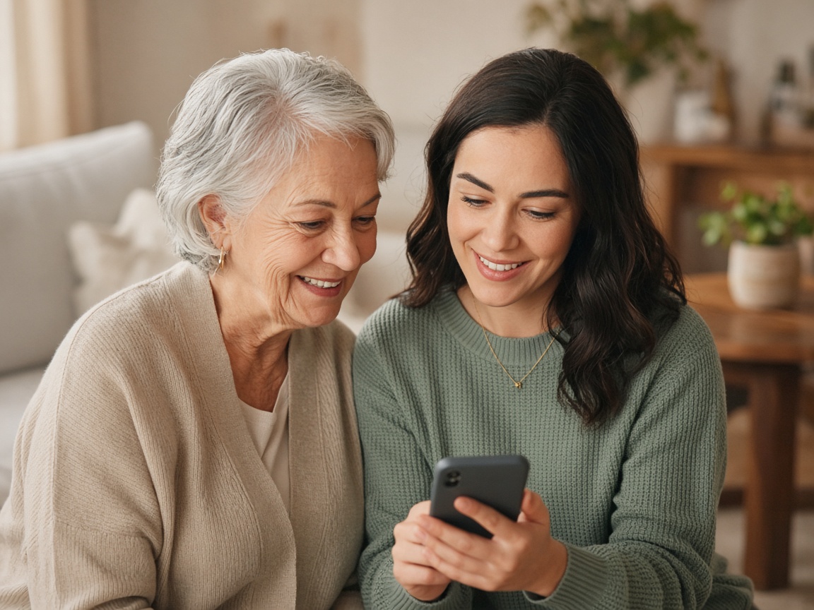 Younger and older woman looking at a phone together